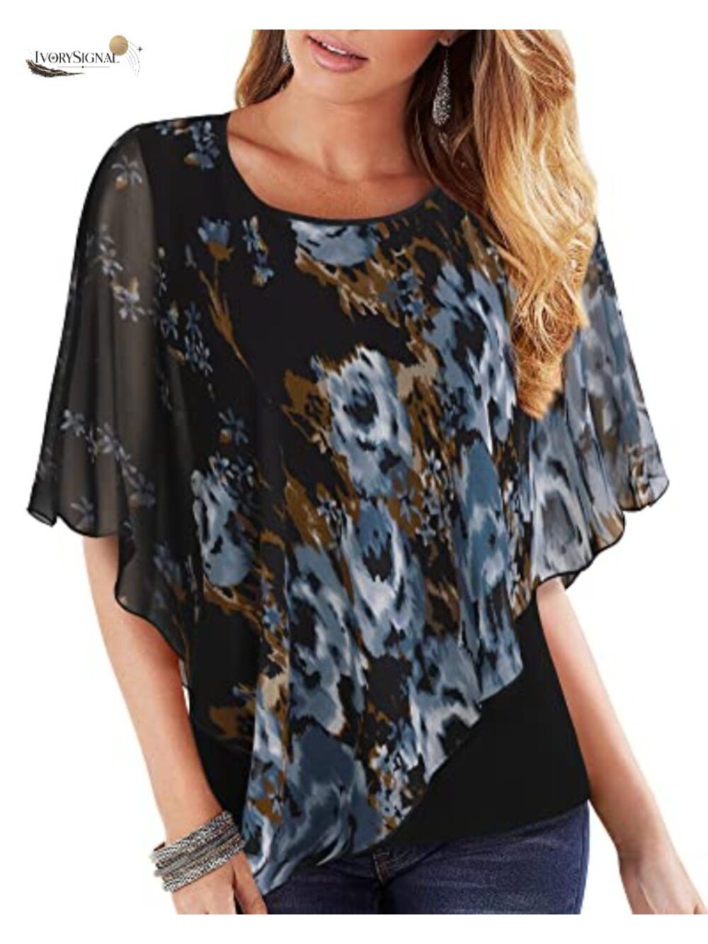 Womens Chiffon Poncho Blouse Asymmetrical Flowy Tunic Long Sleeve 3XL